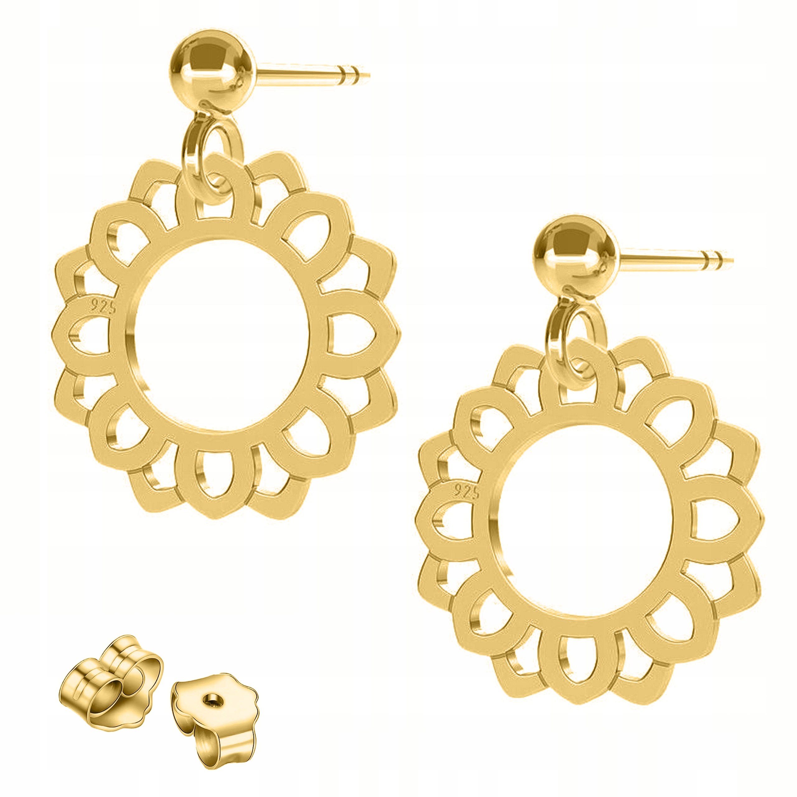 Zlaté Náušnice Kulaté Rozety Květiny Rozetka s Květy Stříbro 925