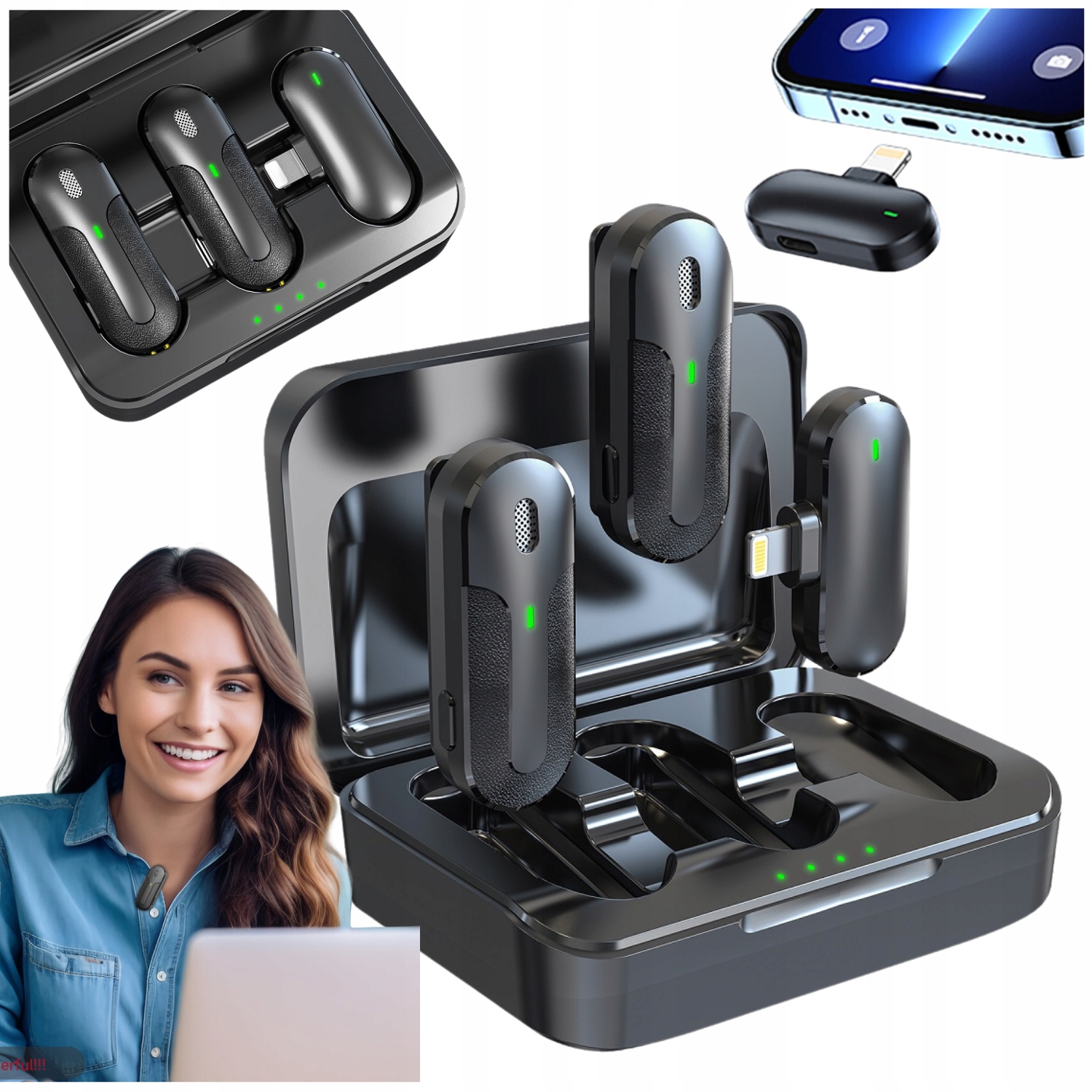 Bezdrátový mikrofon pro iPhone, telefon Lightning, dvojitý, kravatový, malý