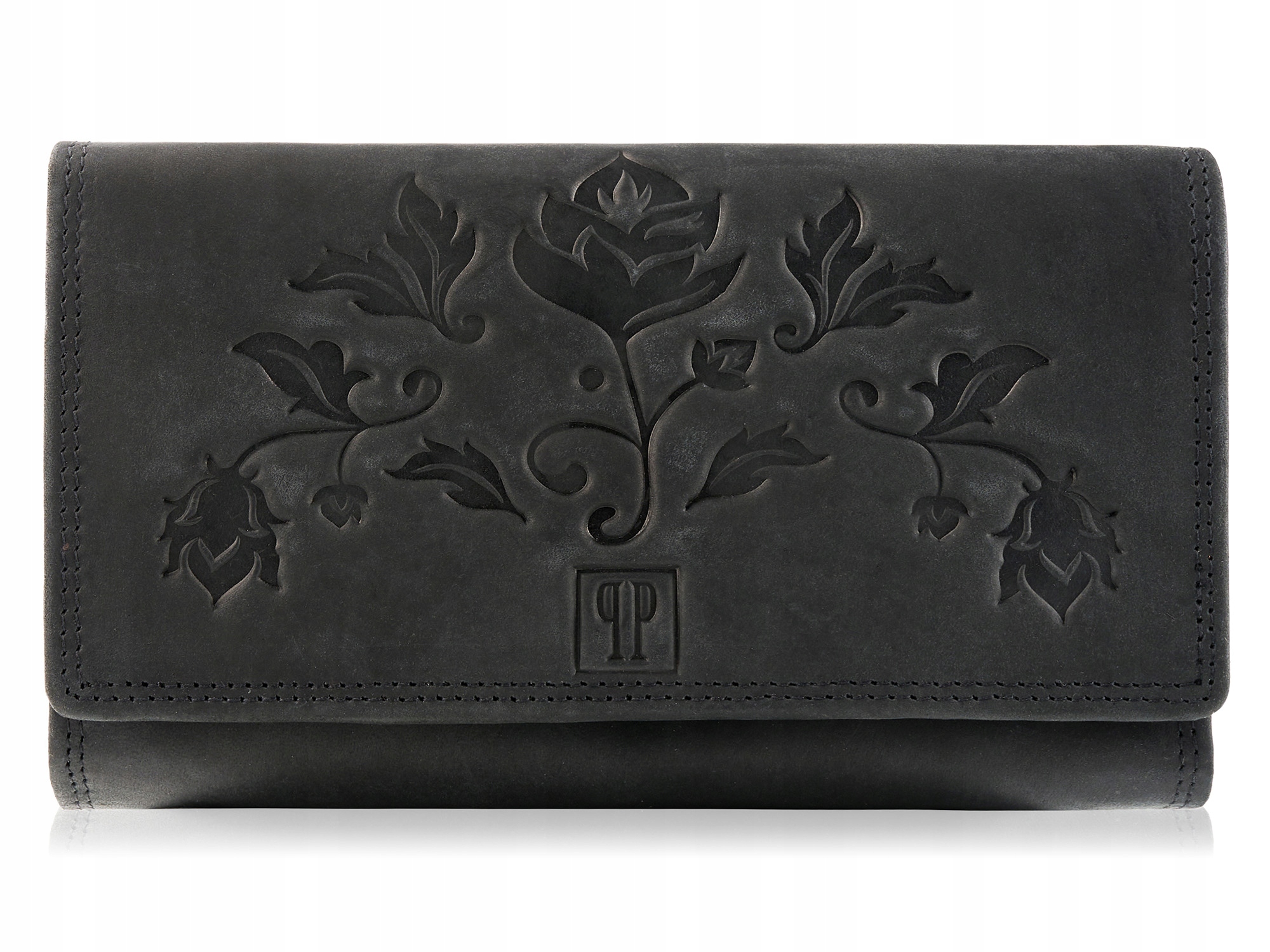 Velká černá dámská kožená peněženka s květinovým vzorem, surová vintage Rfid