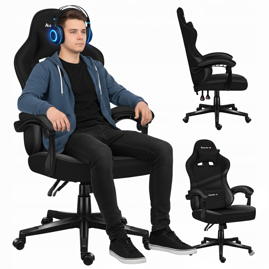 Fotel gamingowy kubełkowy Huzaro czarny obrotowy ergonomiczny regulowany