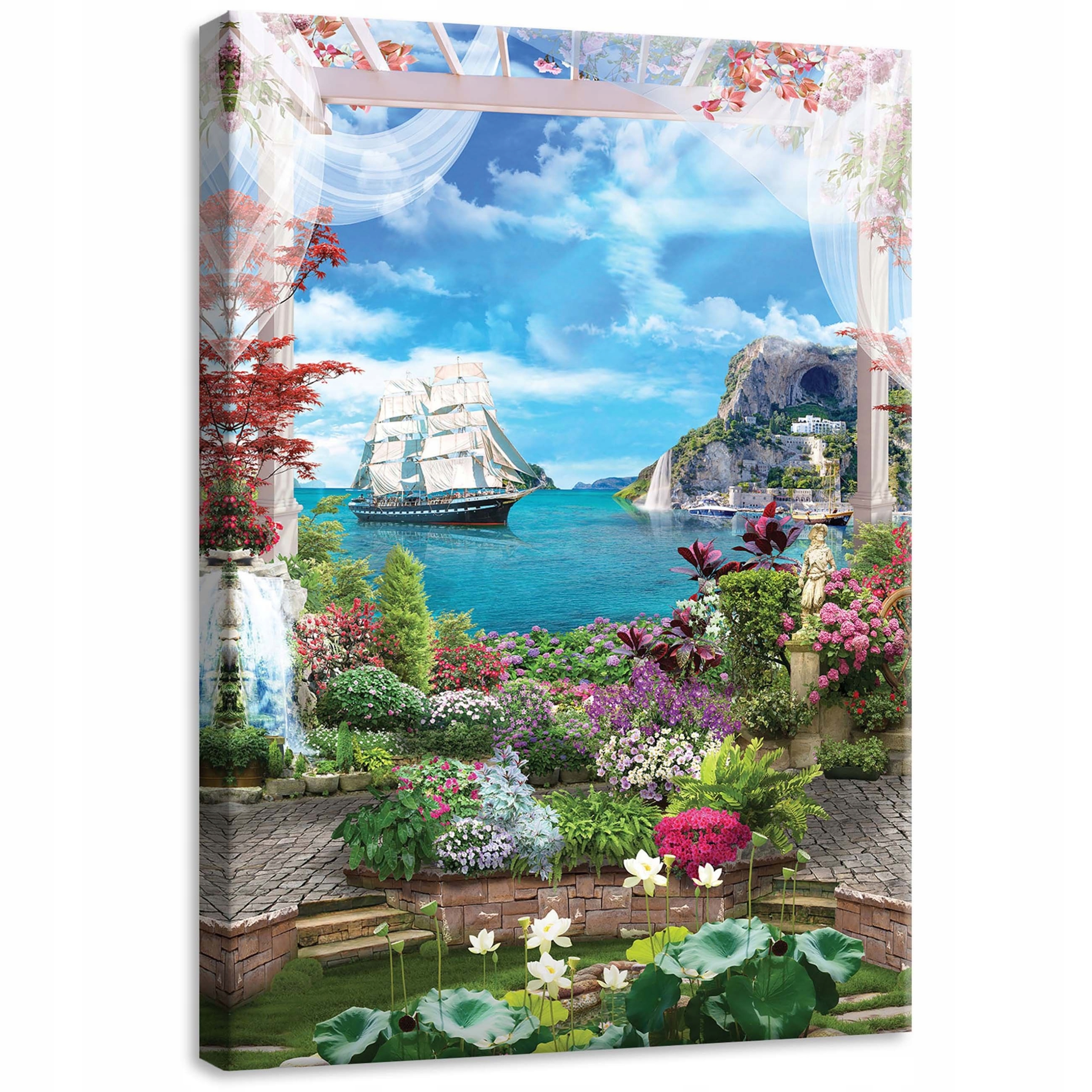 Obraz 50x70 Mořská krajina kvetoucí zahrada modré moře plachetnice ostrov