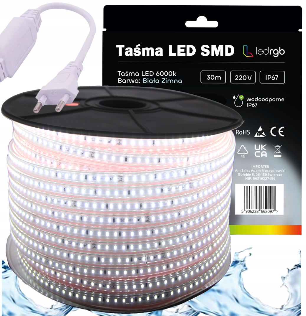 Set Led pásek Smd 220V 230V 30m 6000K Bílý Studený Napájecí Zdroj IP67 120/m