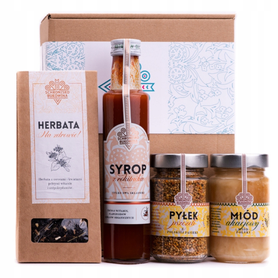 Vánoční krabička hotová Schronisko Bukowina včelí pyl med čaj sirup