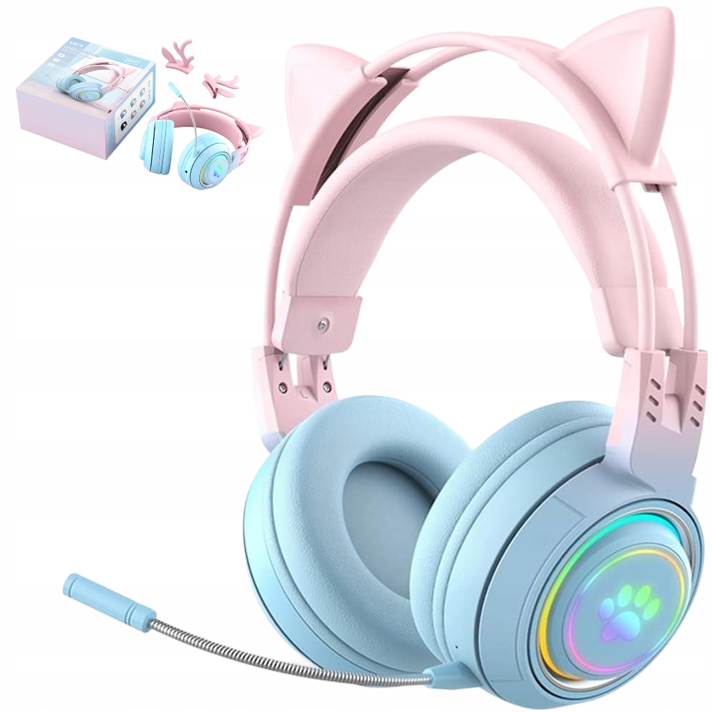 Słuchawki Gamingowe Bluetooth Mikrofon Led Pc PS5 Xbox Kocie Uszy Róż-nieb