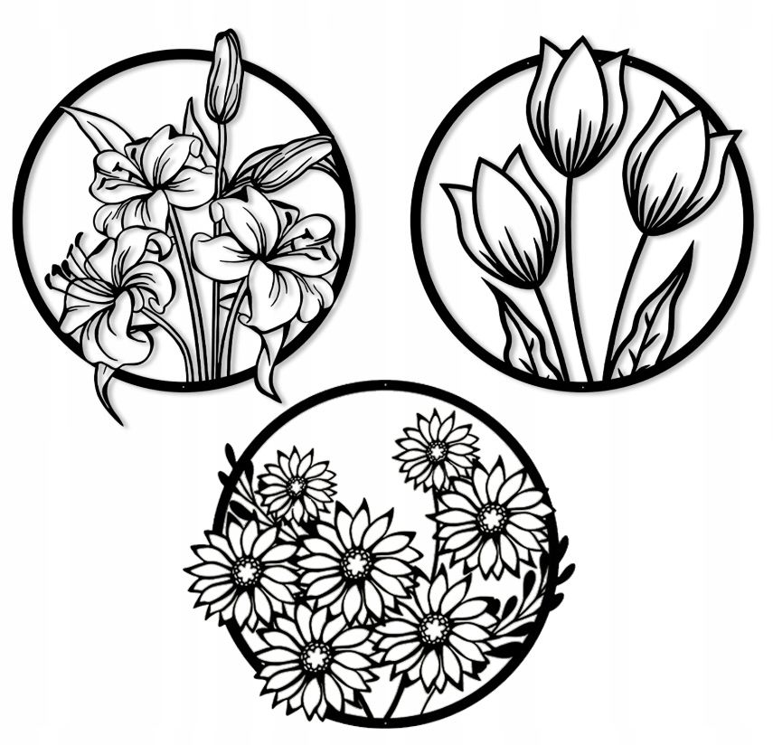 Ažurový Obraz Nástěnná Dekorace 3D květiny XL panel v kruhu triptych 60x180 cm