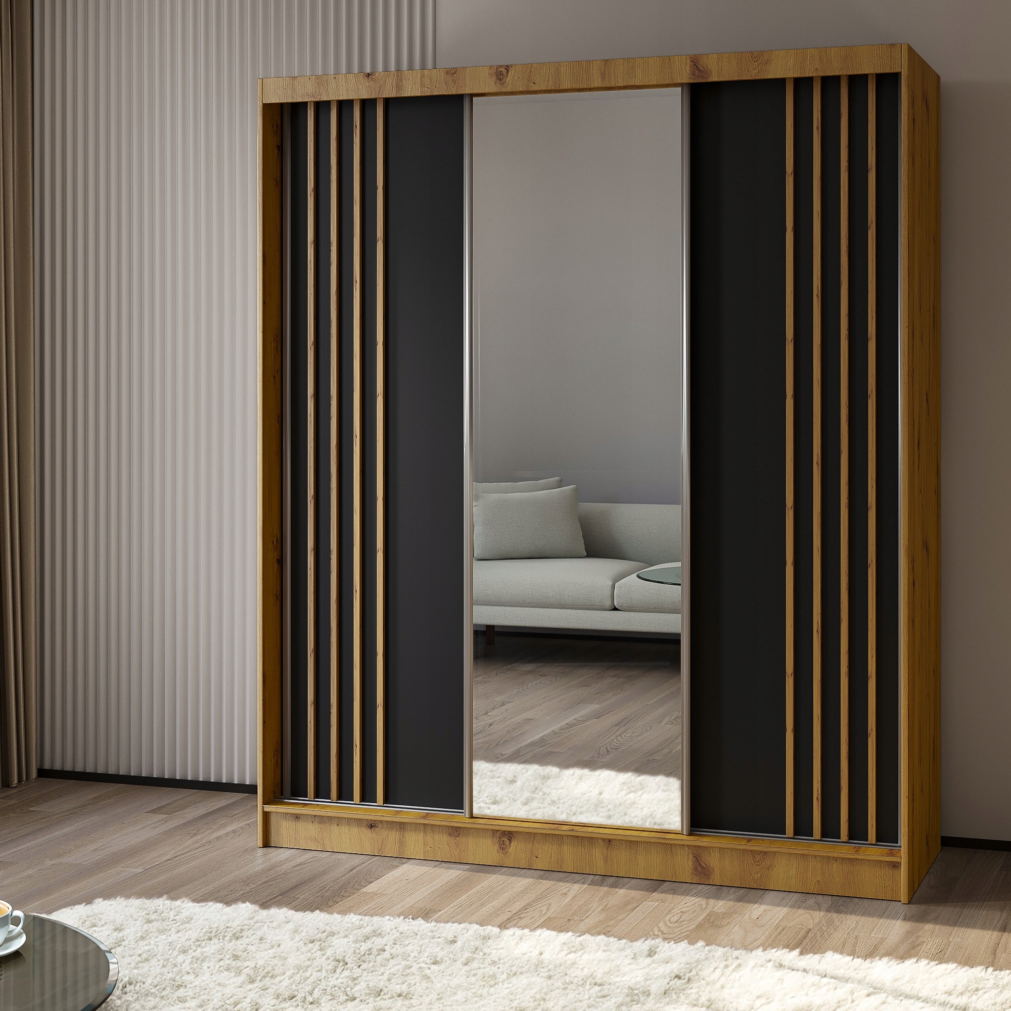 Skříň skříň Nelvia 180 cm Skříň se zrcadlem Posuvná dub artisan