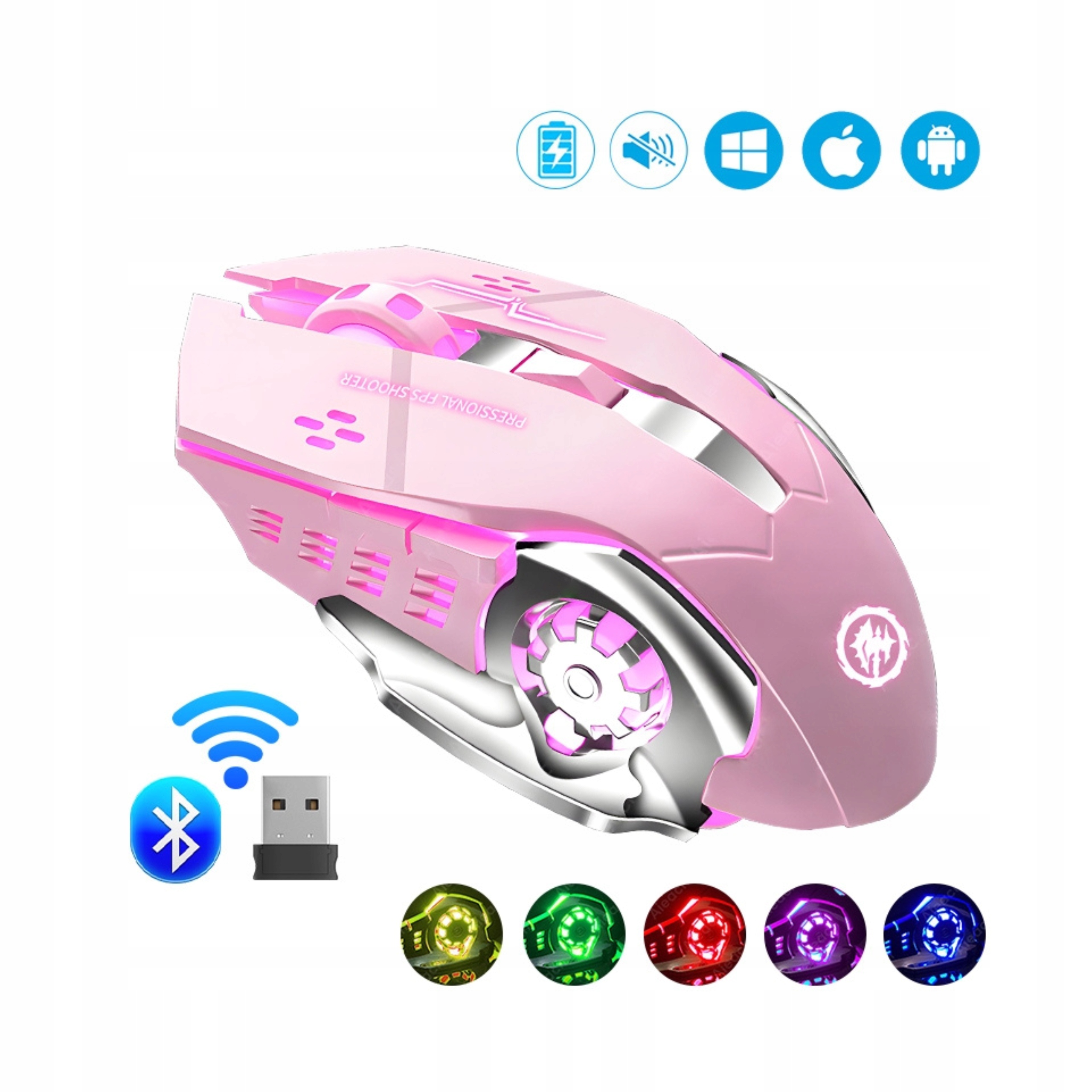Mysz Gamingowa Bezprzewodowa Dla Gracza Do Laptopa Komputera Różowa