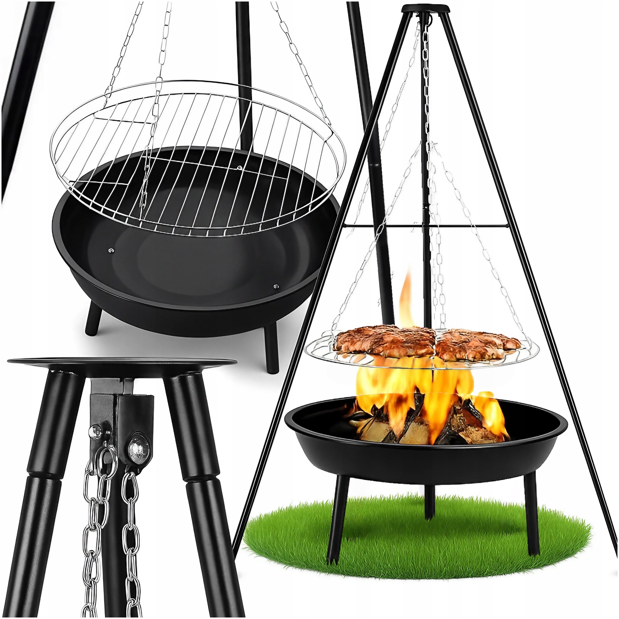 Palenisko Trójnóg Grill Ogrodowy Ogniskowy Wiszący Duży Ruszt Chromowany 50