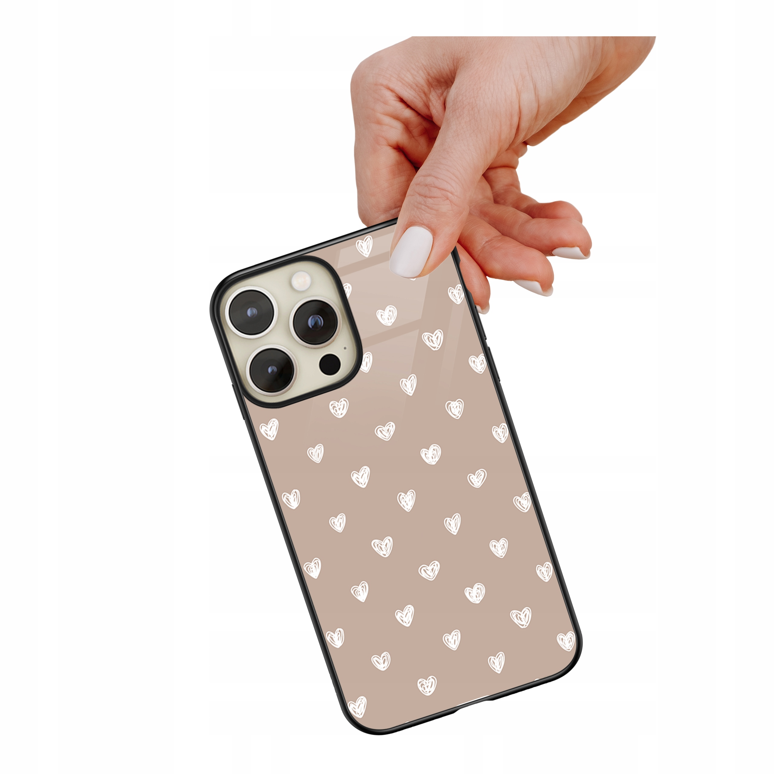 Etui szklane ceramiczne do iPhone 13 Pro Serduszka beż