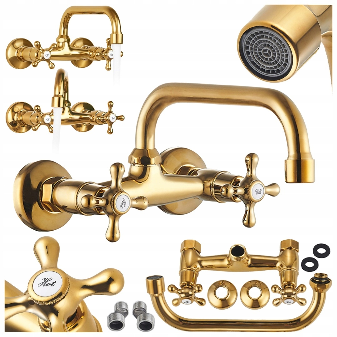 Bateria Kuchenna Ścienna Obrotowa Długa Wylewka Kran Retro Flora Złota