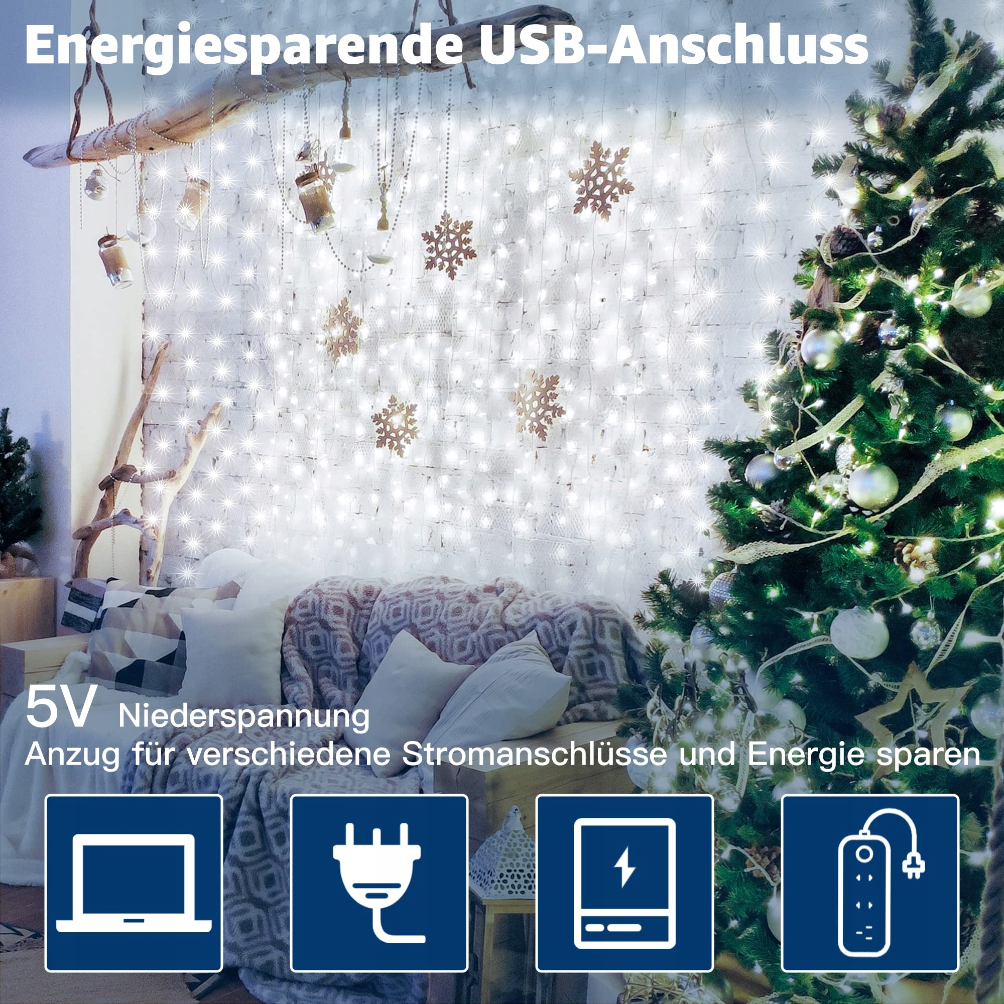 OLLNY Kurtyna Świetlna Girlanda Lampki Białe Dekoracyjne 2x2m 200 LED — miniatura 5