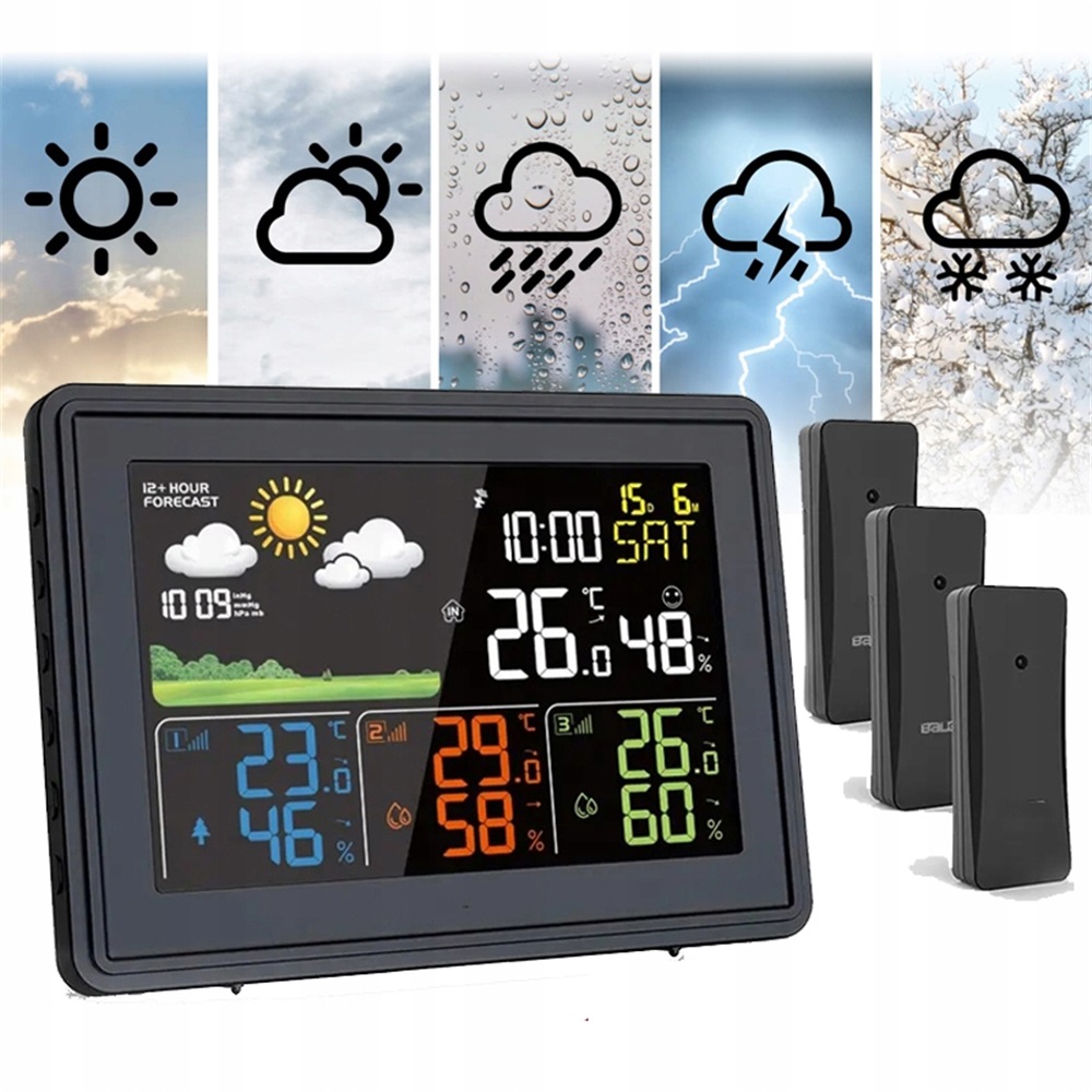 Meteostanice Počasí Teploměr Vlhkoměr Hodiny Budík 3x Senzor