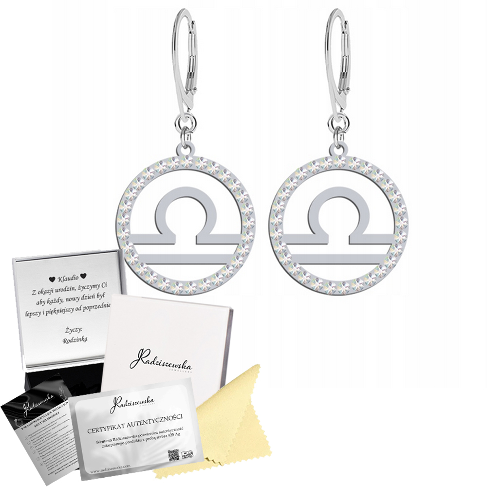 Stříbrné Náušnice Znamení Zvěrokruhu Váha Dárek Krystaly 925 Přání Bonus