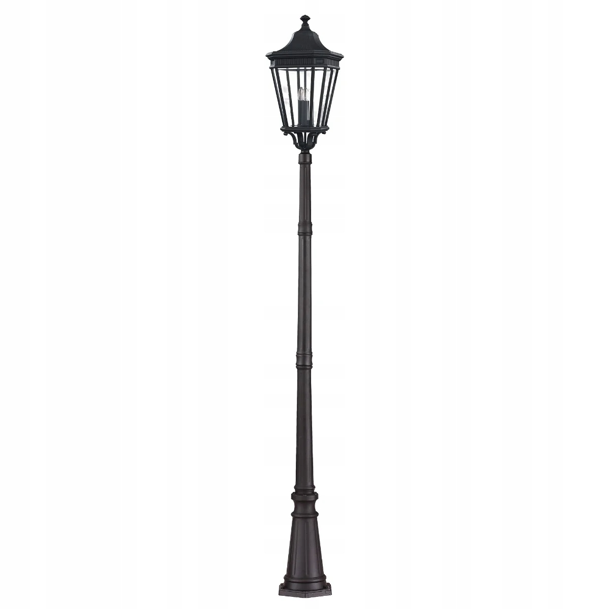 Pouličná lampa, klasická čierna, sklenená, stĺpik 257 cm Feiss
