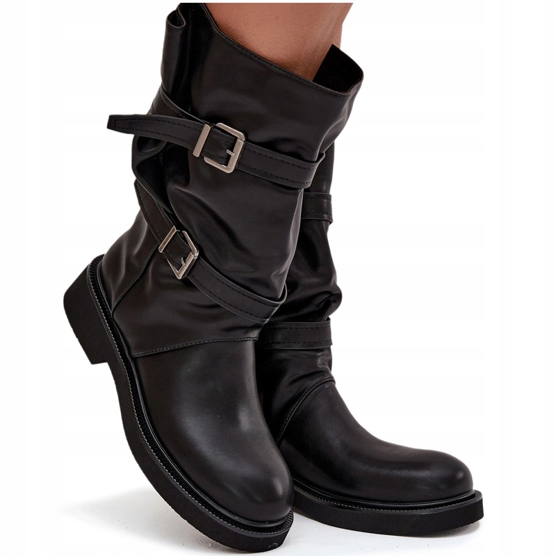 Kozačky Eko Kůže, Zasouvací Do Poloviny Lýtka, Pásky S Přezkami, Černé, Velikost 38