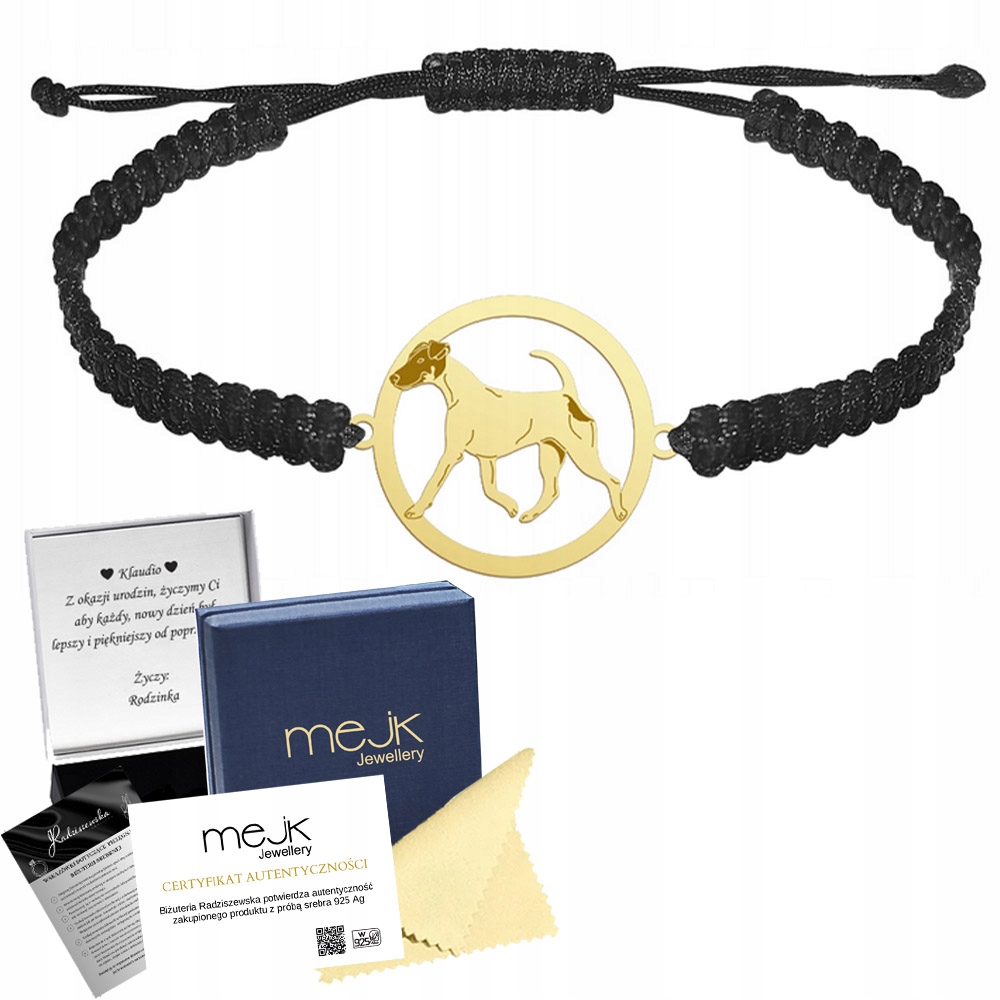 Zlatý náramek s psem Fox Terrier Smooth 925 Makramé Dárek Gravírování