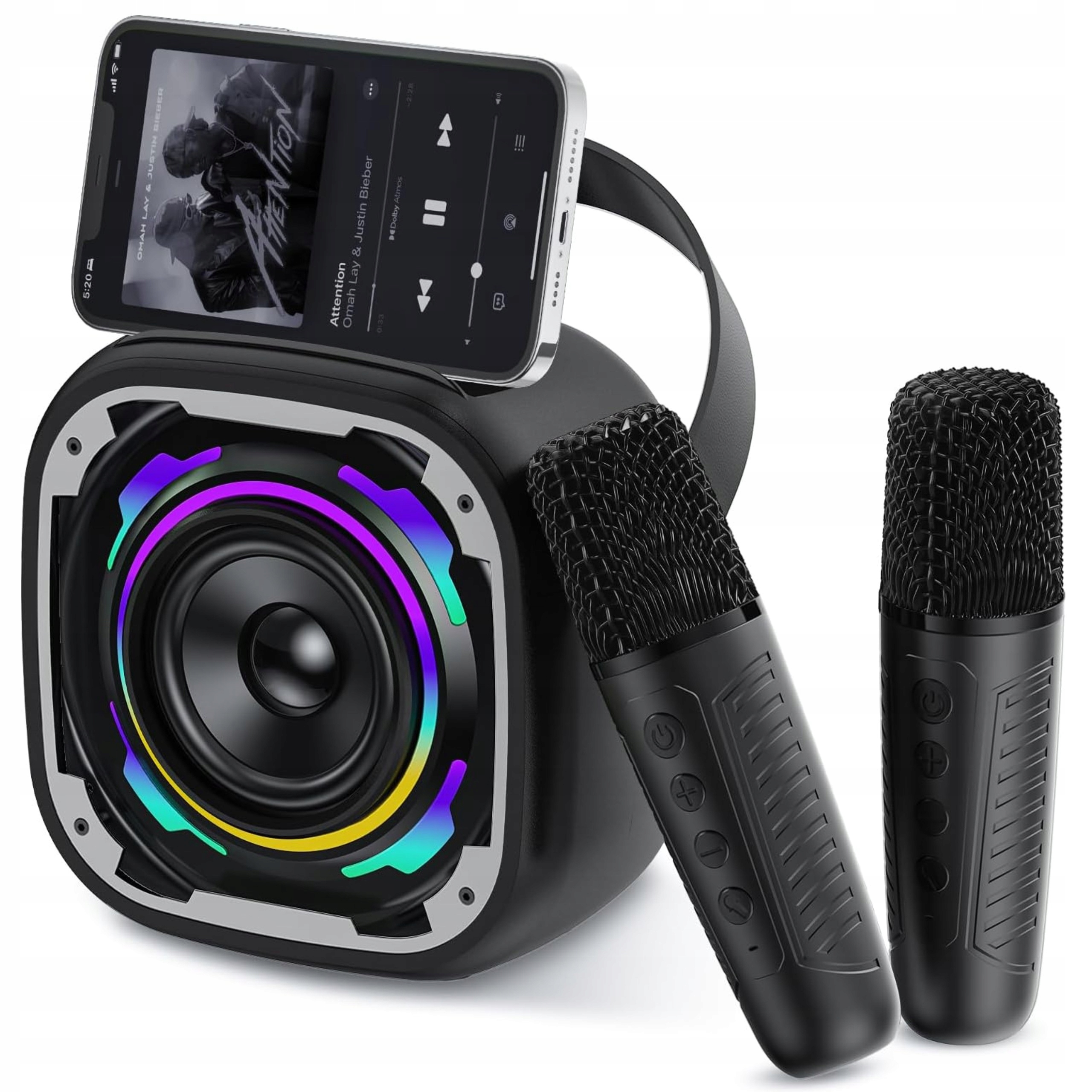Černý bezdrátový karaoke set, přenosný Led reproduktor, 2 mikrofony