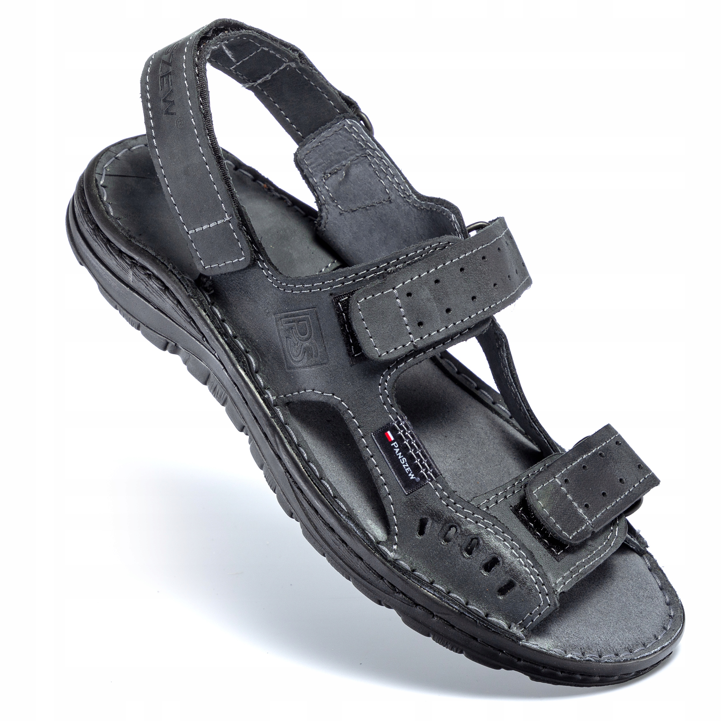 Pánské kožené sandály na suchý zip Přírodní kůže Černé Polské PanSzew