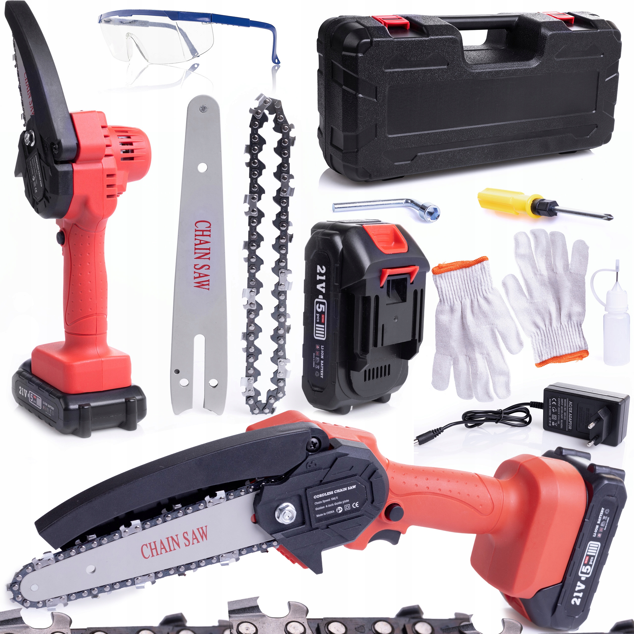 Aku řetězová pila 6" akumulátorová baterie 21V pro větve dřeva, pila