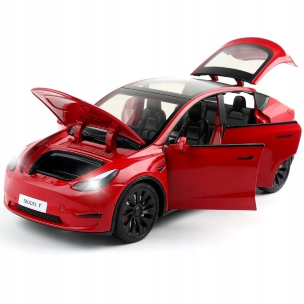 METALOWY MODEL TESLA Y NAPĘD ŚWIATŁA LED DŹWIĘK OTWIERANE DRZWI MASKA 1:24 Materiał guma metal plastik