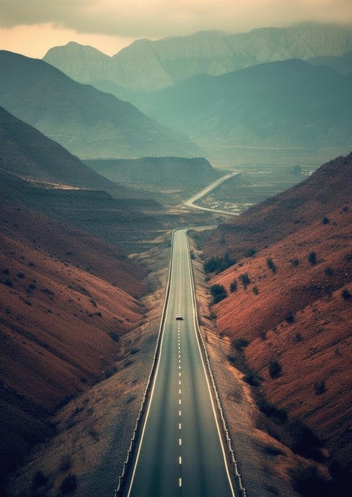 Plagát Auto na ceste Hory Plagátový papier Drevený rám 70x100