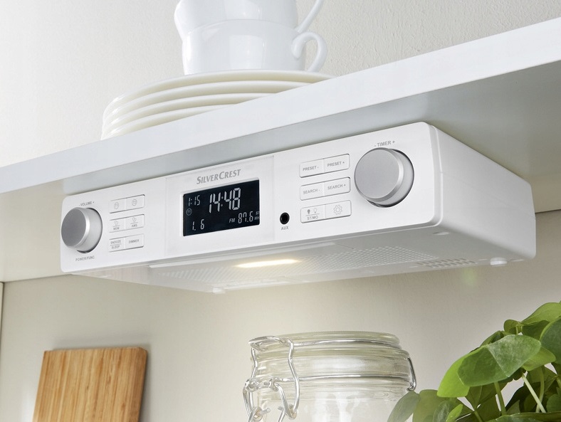 Radio kuchenne podwieszane stojące stereo, dwa timery, zegar lampka nocna Radio FM