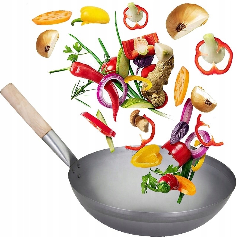 Chińska Duża Patelnia Wok Stal Węglowa OKRĄGŁE DNO Średnica 11 Cali 30cm JT