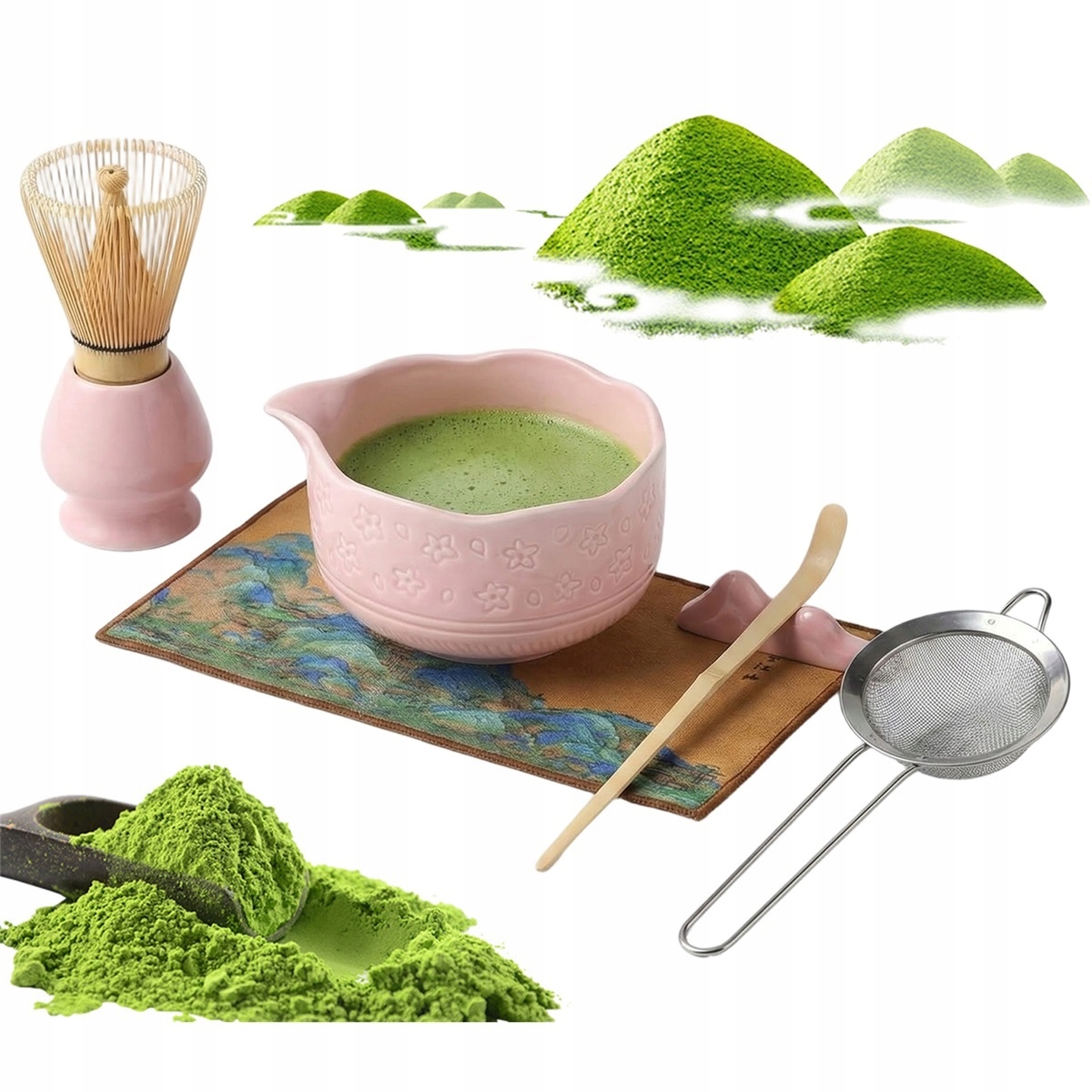 Levně Růžový kompletní set pro Matcha s metličkou a lžící a ručníkem