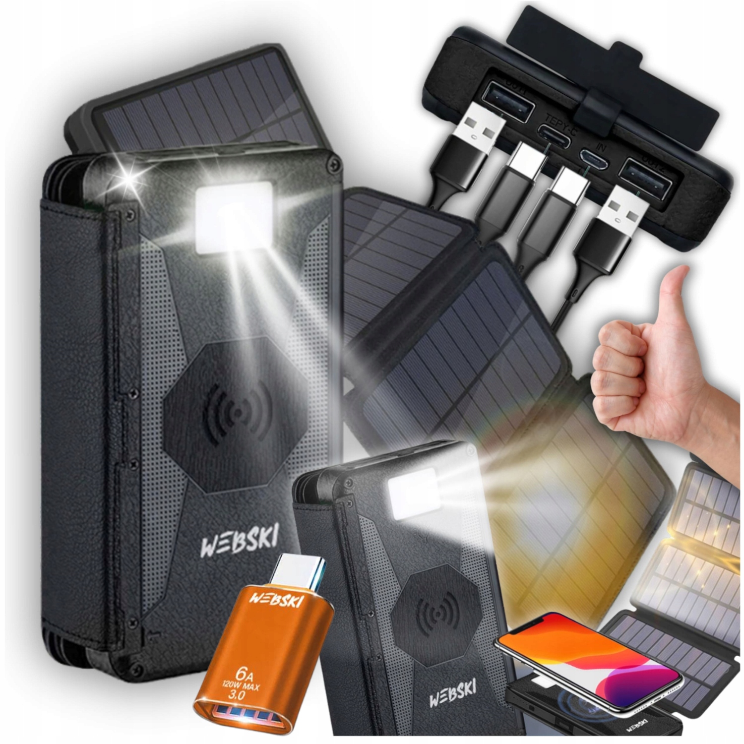 Silná Solární Powerbanka Solar 20000 mAh Bezdrátová Indukční Nabíječka