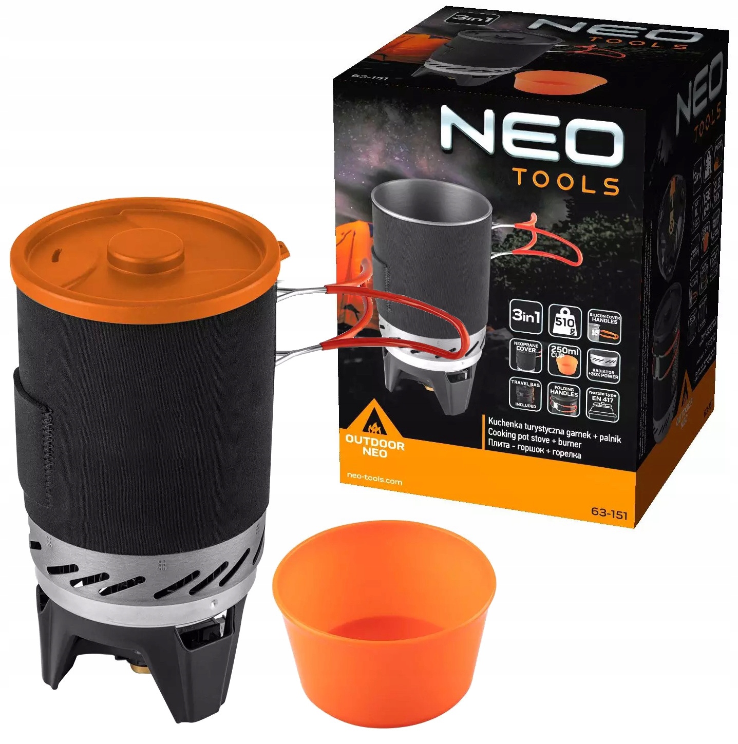 Turistický vařič na přežití hrnec hořák na kartuše EN417 500g Neo