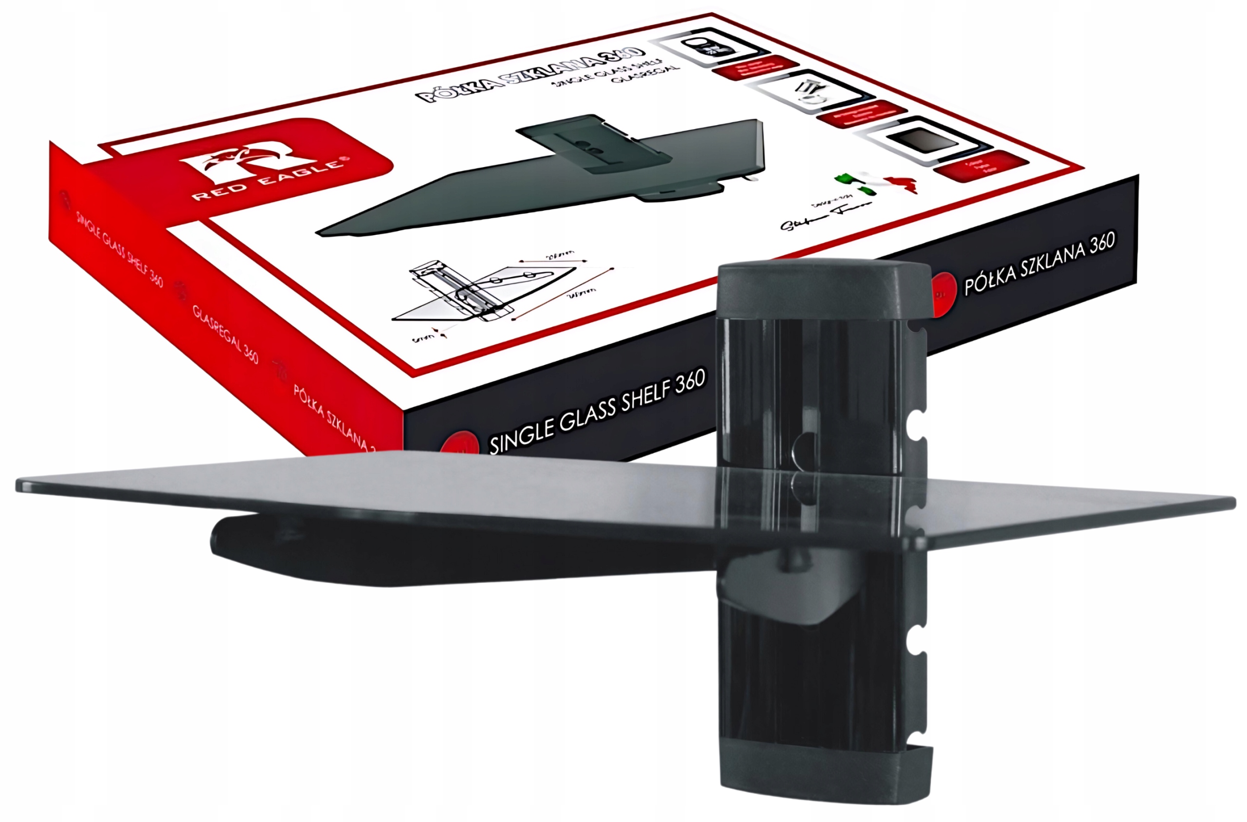 Półka pod telewizor szklana Red Eagle 360x250 mm czarna pod dekoder, ruter