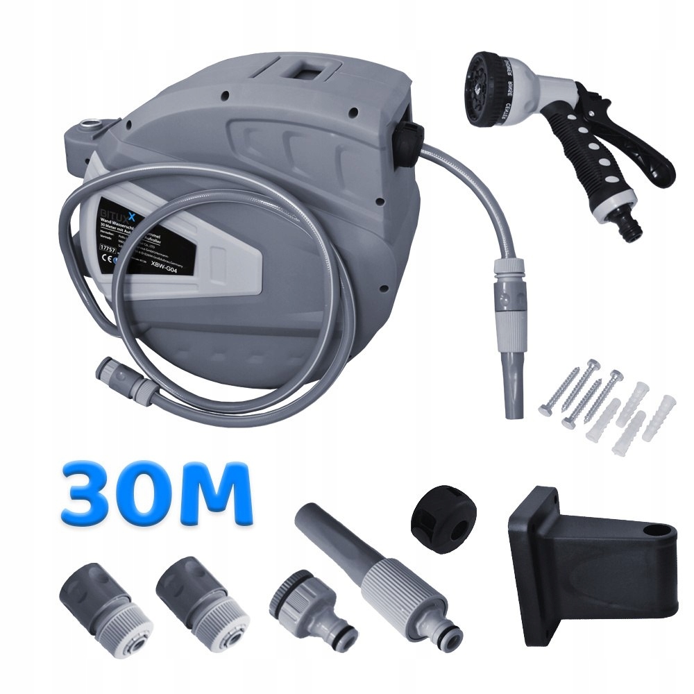 Záhradná hadica na bubne 30 m nástenná s postrekovacou pištoľou