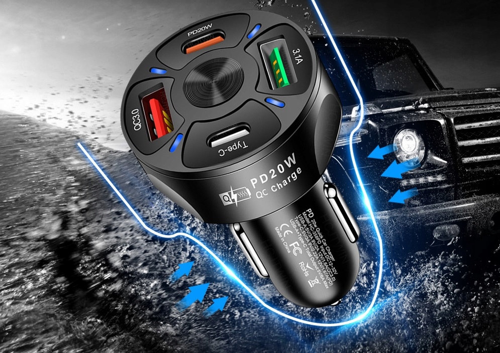 SZYBKA ŁADOWARKA SAMOCHODOWA 4xUSB QC PD + KABEL Liczba urządzeń ładowanych jednocześnie 4