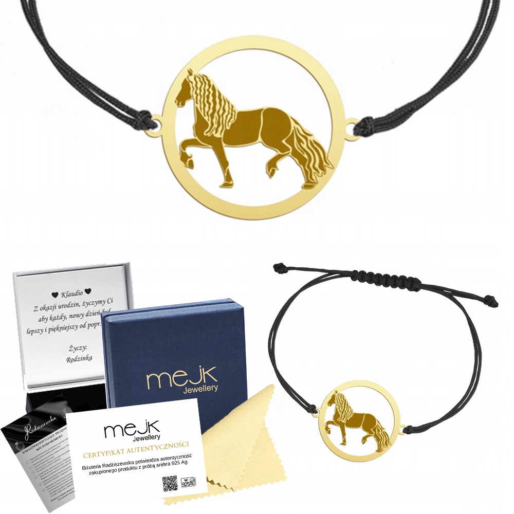 Zlatý náramek s fríským koněm 925 Šňůrka Dárek Šperky Gravírování