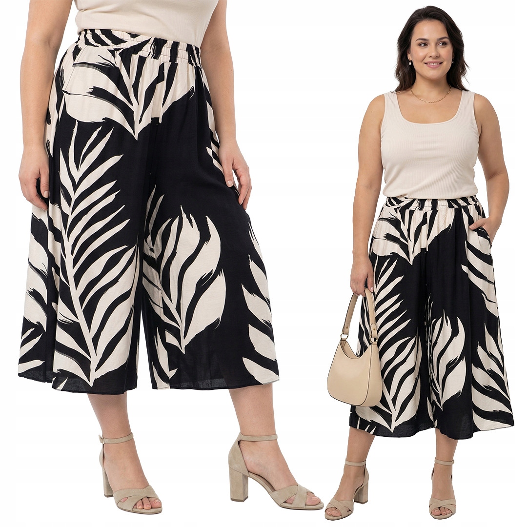 Černé béžové kalhoty s listy plus size velikost 48