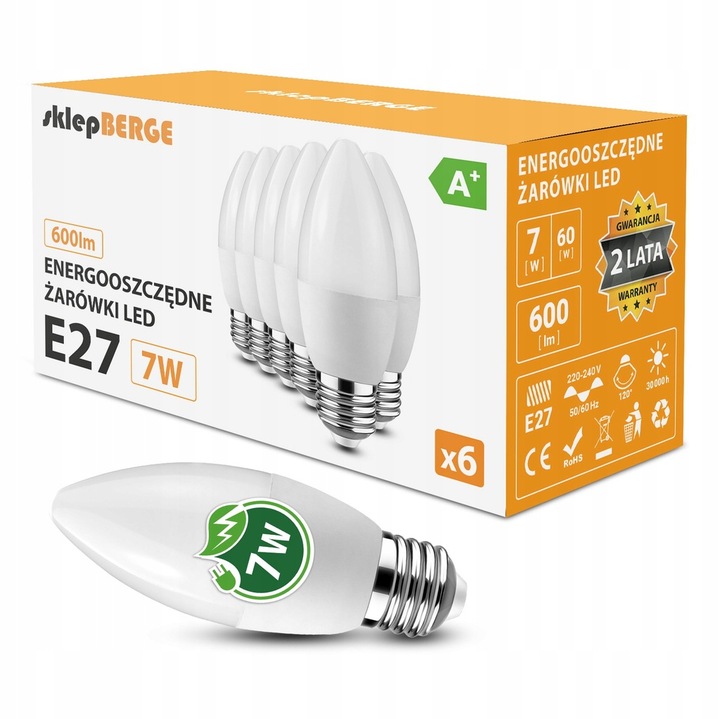 

6x Żarówka Led E27 7W=60W Świeczka C37 Barwy Berge