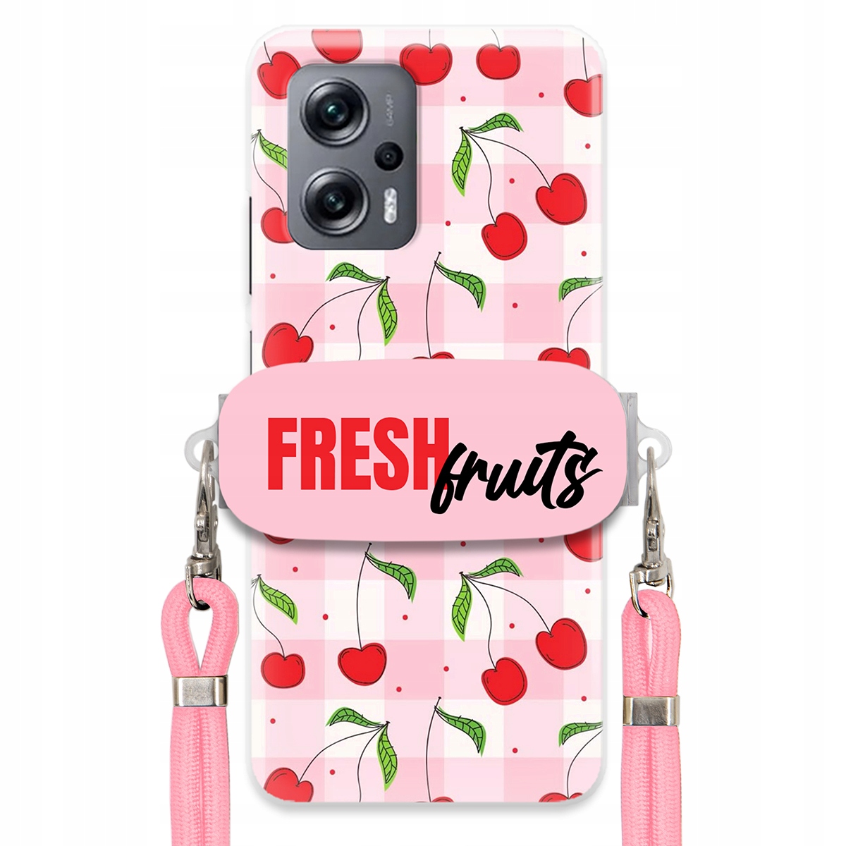 Puzdro pre Xiaomi Redmi Note 11T Pro Držiak šnúrok Ružový Fresh Fruits Mriežka