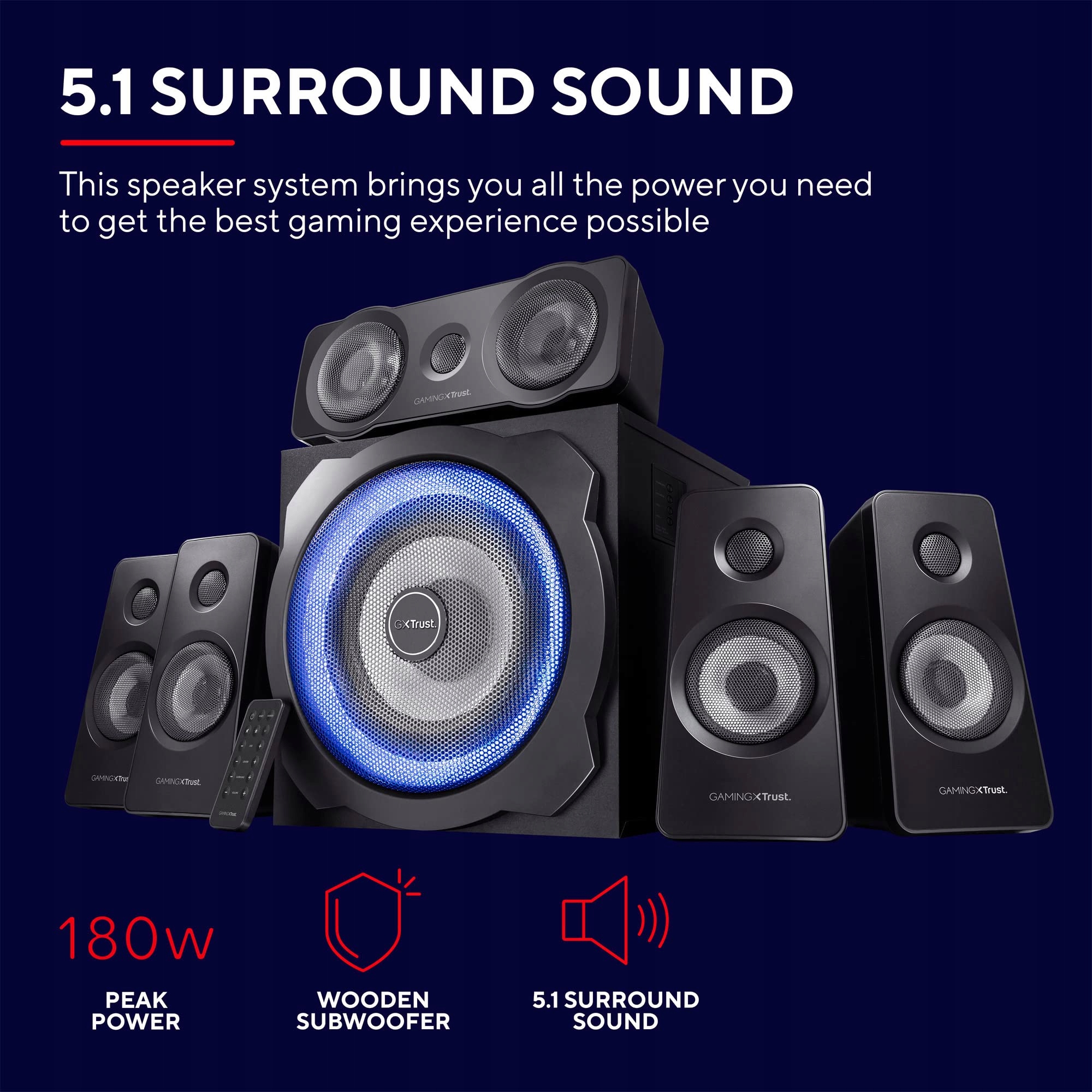 TRUST GAMING GXT 658 TYTAN 5.1 Głośniki Surround z Subwooferem LED 180W — miniatura 2