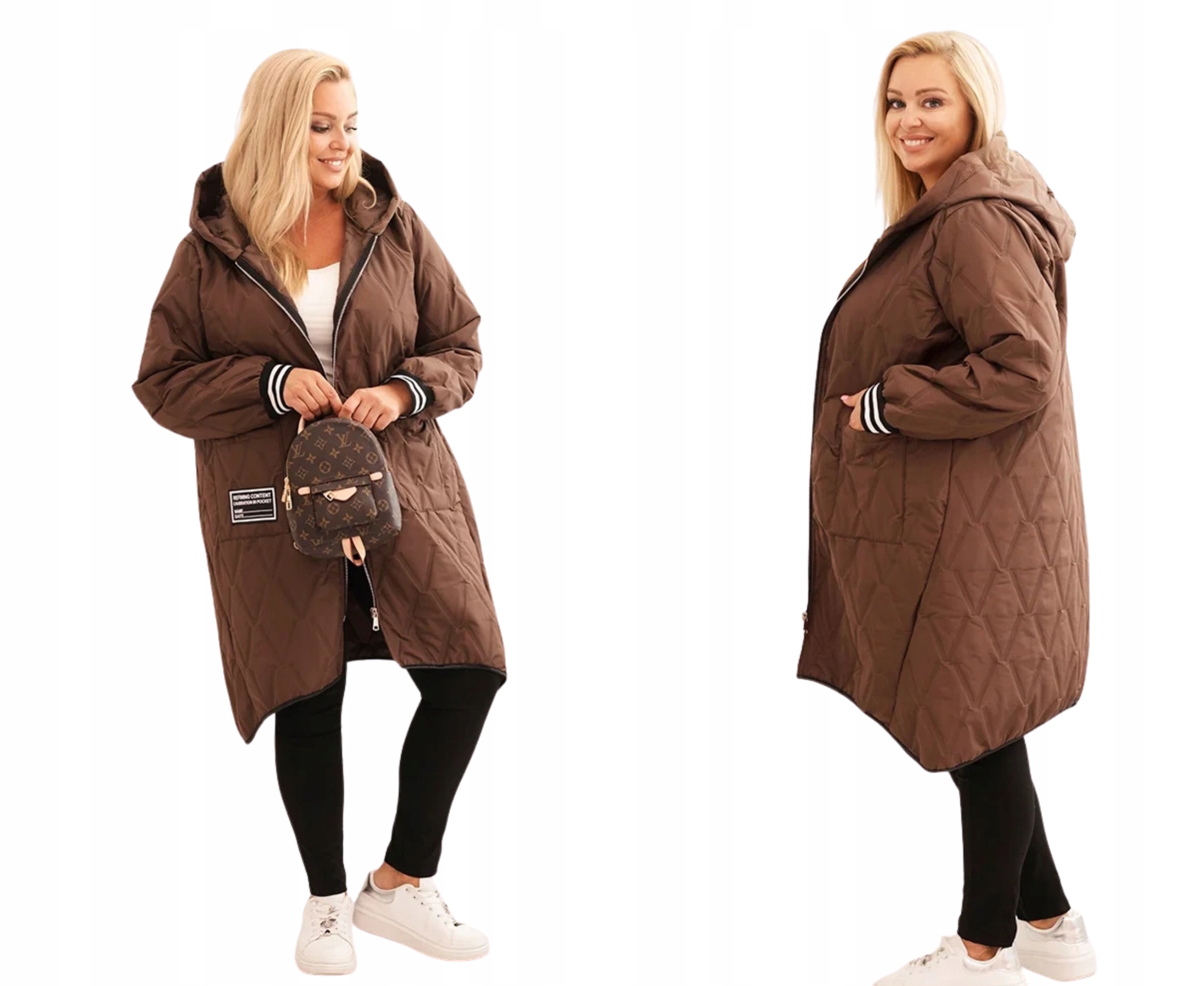 Dámská čokoládová prošívaná zateplená bunda Plus Size s kapucí