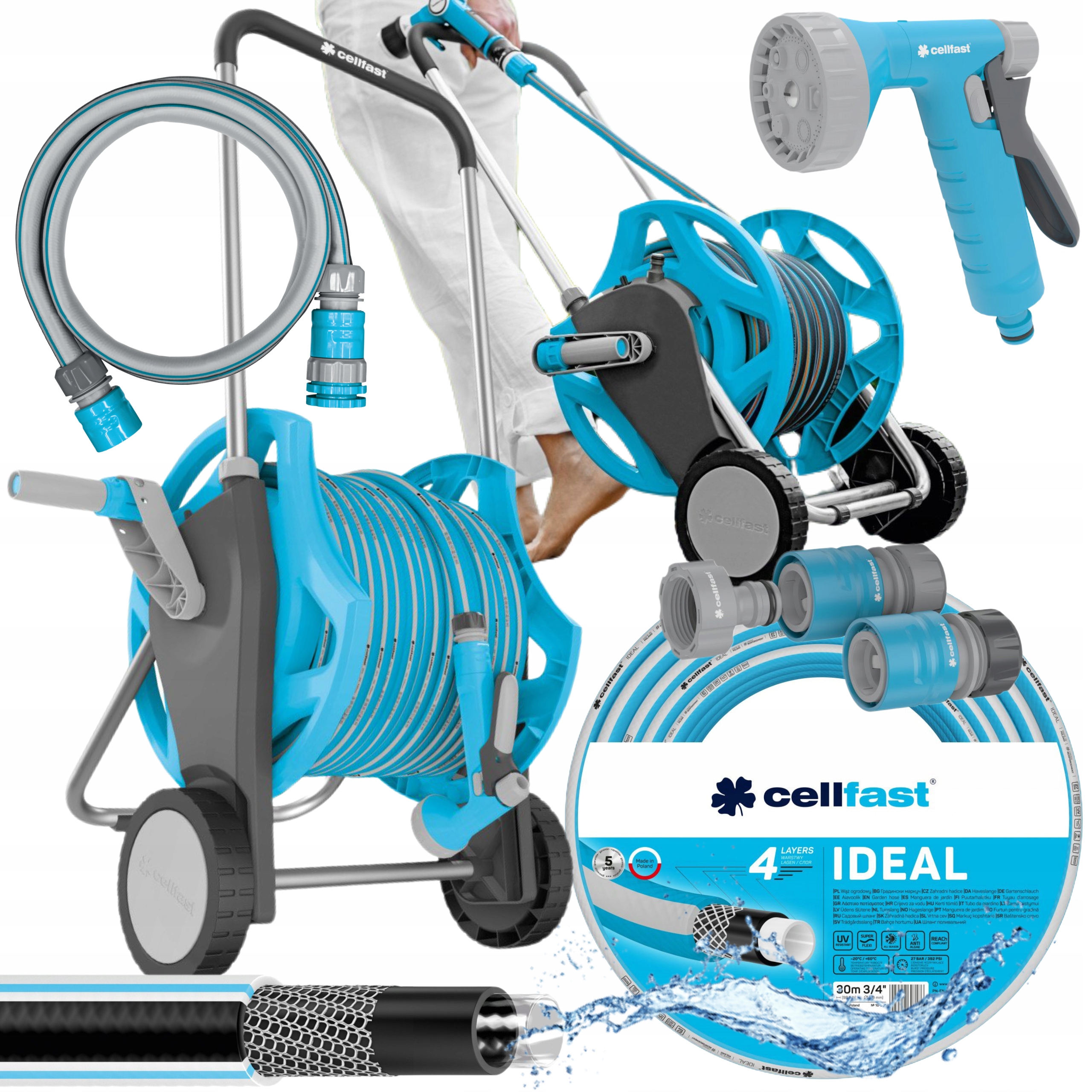 CELLFAST WĄŻ OGRODOWY NA WÓZKU BĘBEN ZWIJACZ ZESTAW ZRASZACZ MOCNY 3/4" 30M