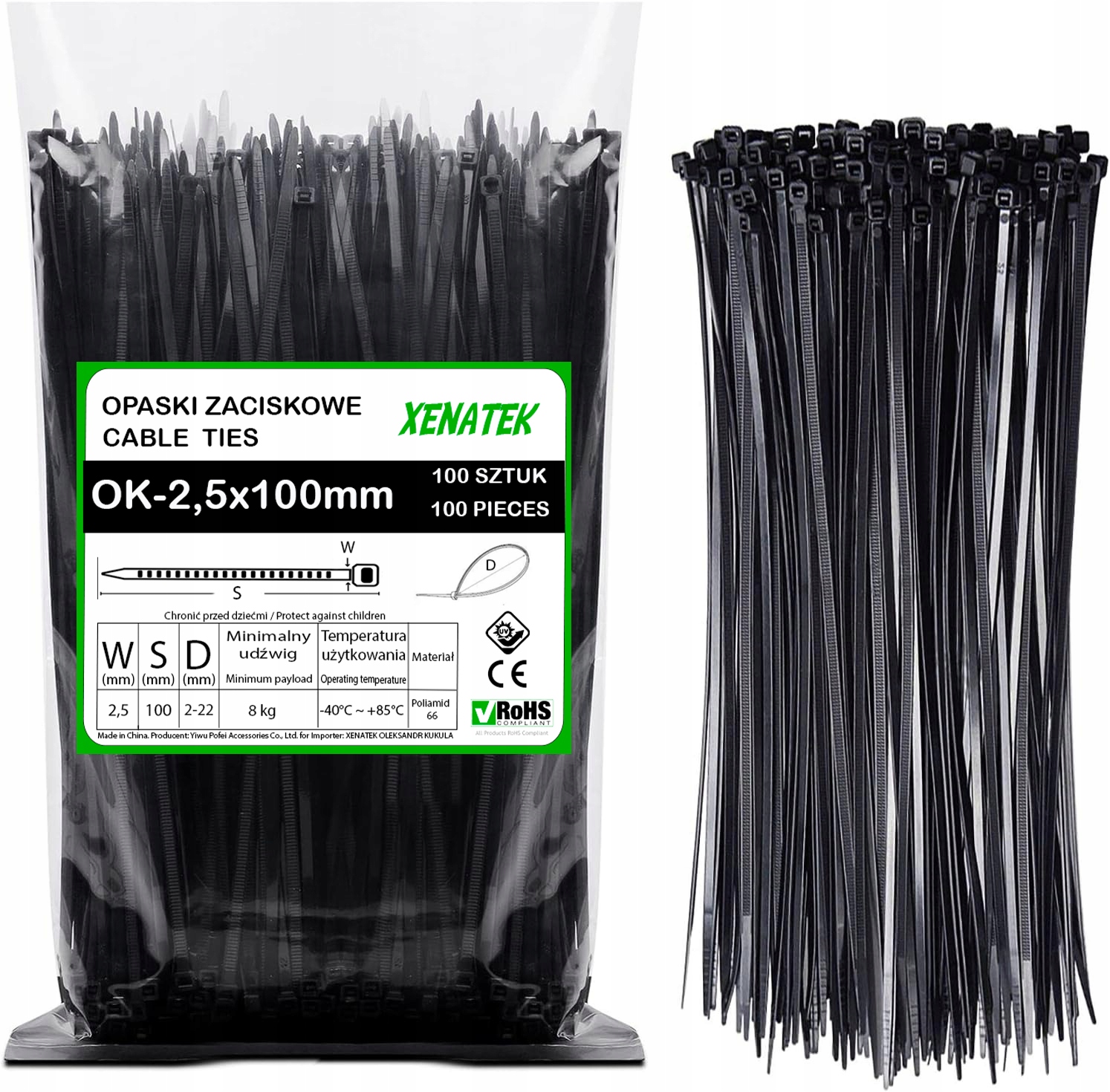 Trytytki Opaski Zaciskowe Kablowe Wytrzymałe Mocne Czarne 2,5x100 100szt