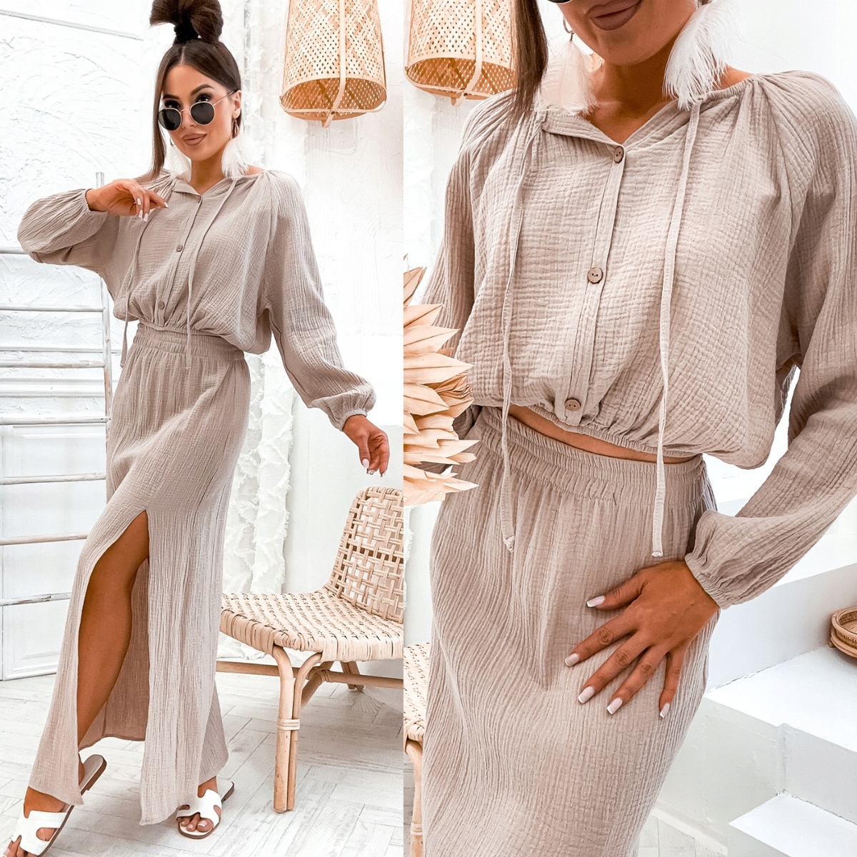 Letní mušelínový komplet halenka sukně s rozparkem 8290 L/XL