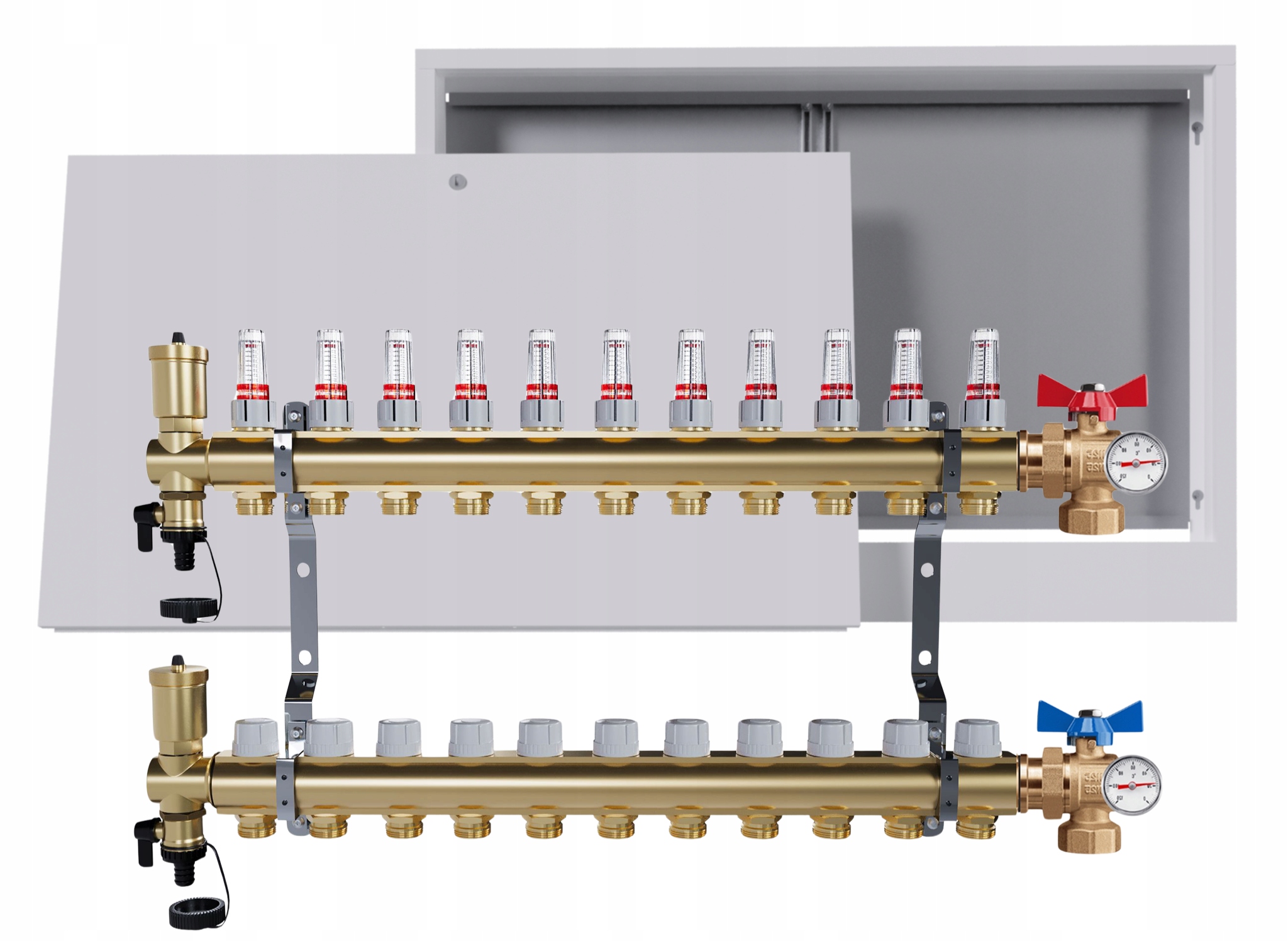 Rozdělovač Pro Podlahu 11 Okruhů Ventil Teploměr Nástěnná Skříňka