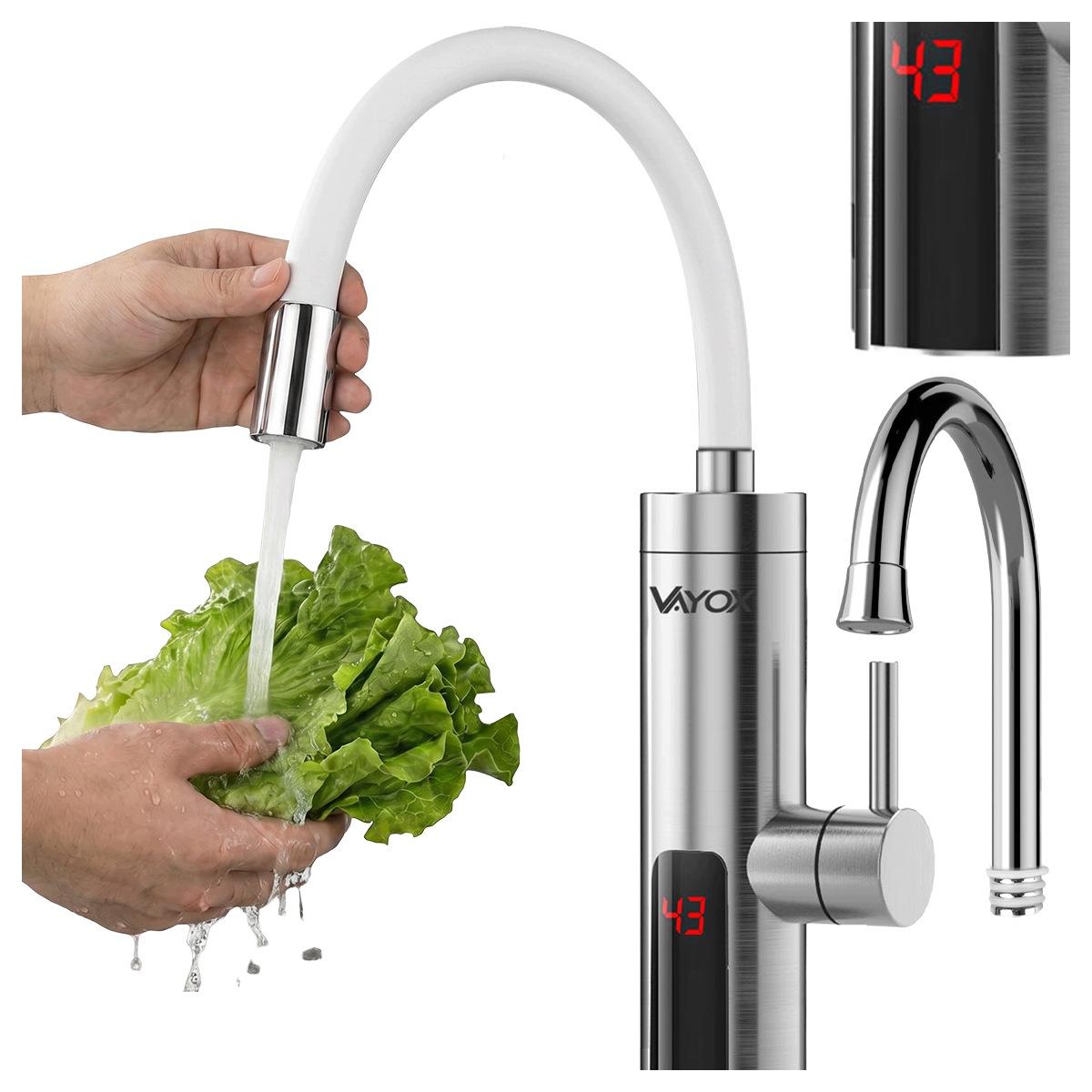 Průtokový Elektrický Ohřívač Vody Inox Baterie Kohoutek 2 Výtoky Vayox