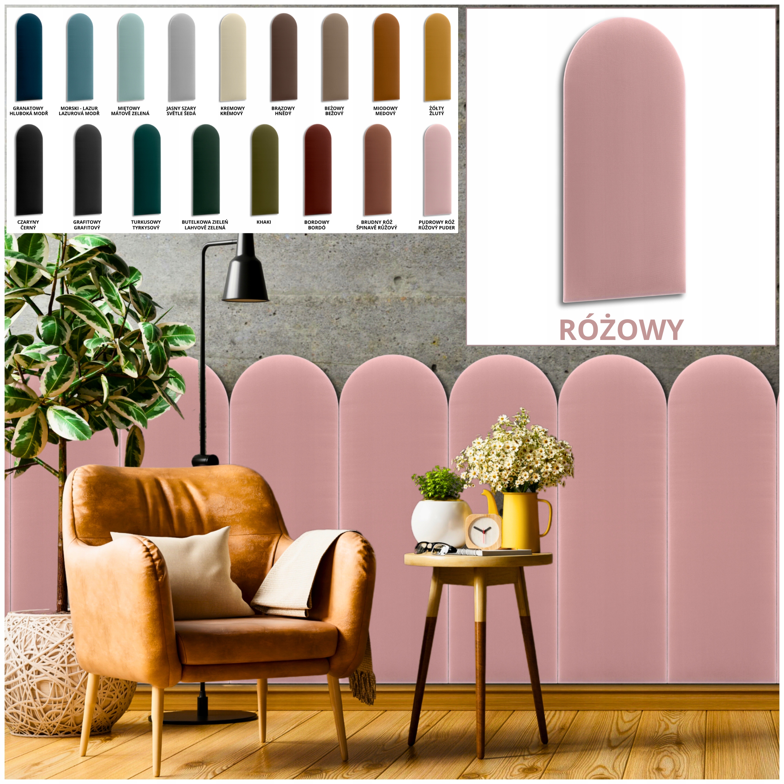 Grube Panele Ścienne Tapicerowane WELUR PŁOTEK 30x100 BRUDNY RÓŻ 17 Kolory