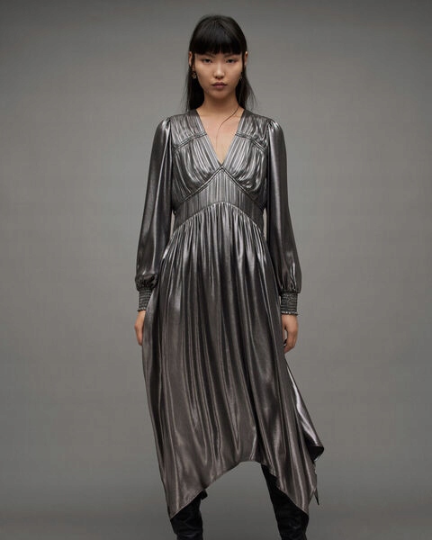 Šaty stříbrná Estelle Metallic midi AllSaints 36