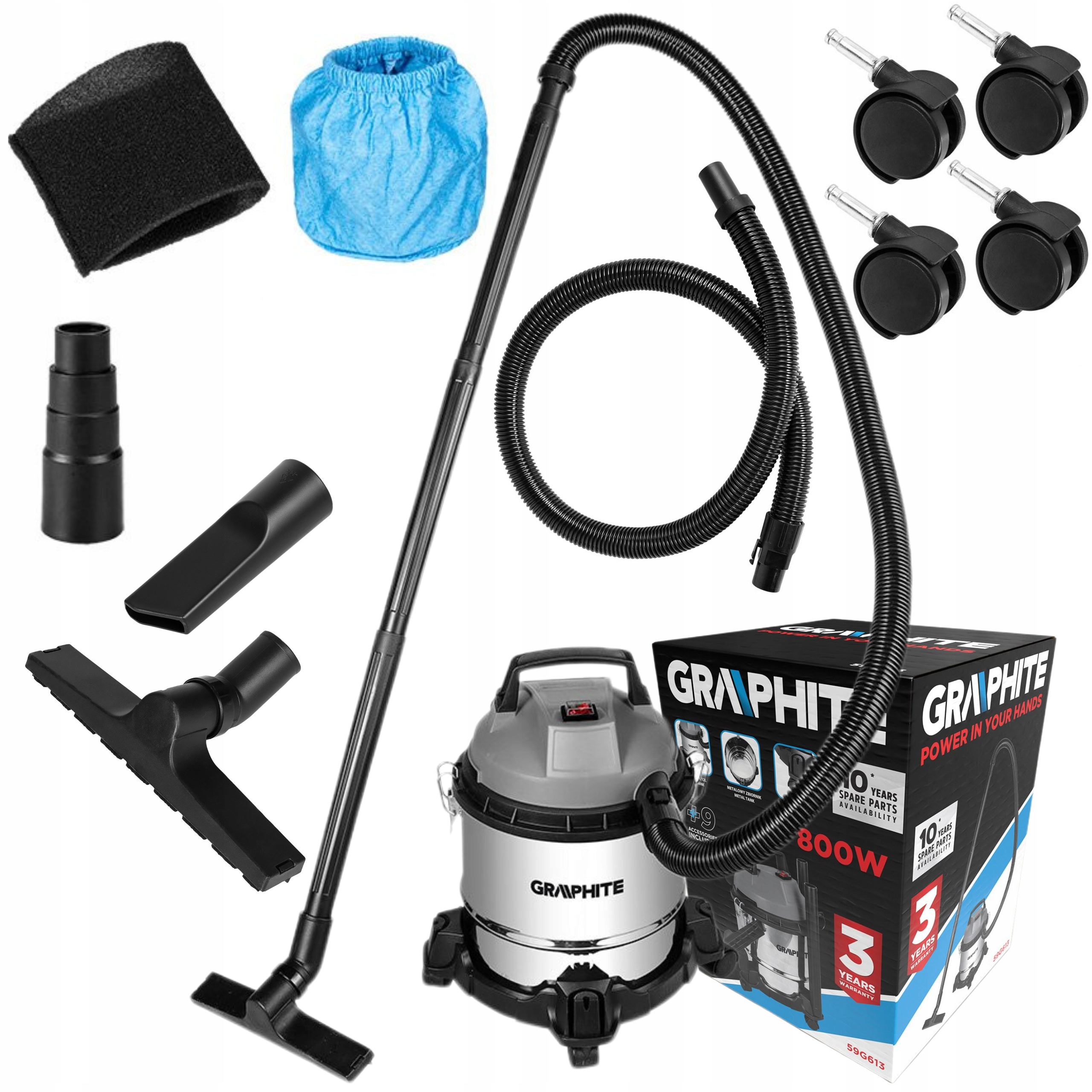 GRAPHITE ODKURZACZ PRZEWYSŁOWY WARSZTATOWY SUCHO MOKRO 800W 12L + AKCESORIA