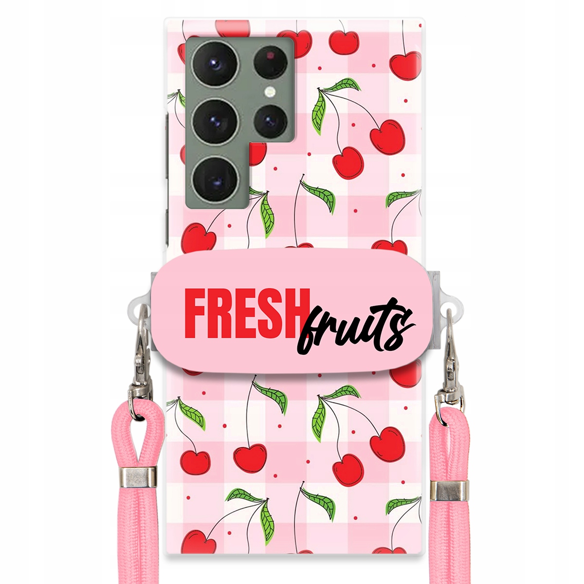 Puzdro pre Samsung S23 Ultra Case Držiak na šnúrku Ružový Fresh Fruits Mriežka