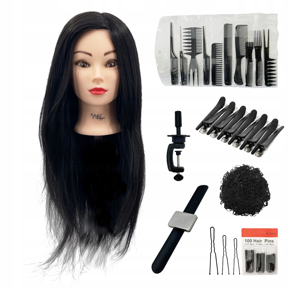Głowa Fryzjerska Treningowa 60% Ludzkie Włosy Naturalne Czarne Zestaw