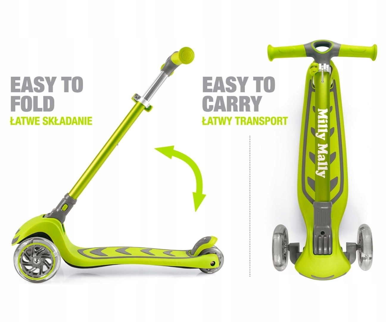 Solidna HULAJNOGA dla dzieci trójkołowa LED! Boogie Green 3+ ZIELONA JAKOŚĆ Rama Aluminiowa